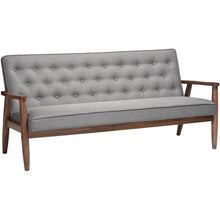 Load image into Gallery viewer, Modern Grey Button-Tufted Upholstered Sofa with Dark Walnut Wood Finish Frame