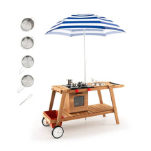 Load image into Gallery viewer, Kids Wooden Play Portable Cook Cart Set Navy/White Sun Proof Umbrella