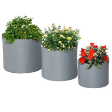Load image into Gallery viewer, Set of 3 Stackable Round Outdoor Flower Pot Planters with Drainage Holes in Grey