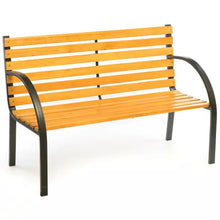 Load image into Gallery viewer, Outdoor Black Metal Frame Garden Bench with Wood Slats and Curved Armrests