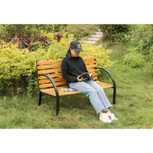 Load image into Gallery viewer, Outdoor Black Metal Frame Garden Bench with Wood Slats and Curved Armrests