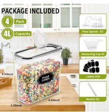 Load image into Gallery viewer, 4-Piece Set: Airtight Cereal Storage Containers with Pour Spouts &amp; Measuring Cup – 4L Kitchen Pantry Organizer