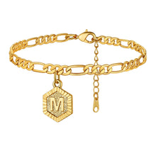 Load image into Gallery viewer, ChainsHouse 14K Gold Plated Initial Ankle Bracelets for Women with Letter M Figaro Cuban Link Anklet Birthday Valentines Jewelry Gift