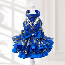 Load image into Gallery viewer, Royal Sapphire Luxury Dog Dress – Blue &amp; Gold Layered Princess Pet Dress with Pearl Jewel Detail