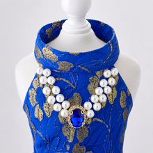 Load image into Gallery viewer, Royal Sapphire Luxury Dog Dress – Blue &amp; Gold Layered Princess Pet Dress with Pearl Jewel Detail