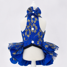 Load image into Gallery viewer, Royal Sapphire Luxury Dog Dress – Blue &amp; Gold Layered Princess Pet Dress with Pearl Jewel Detail