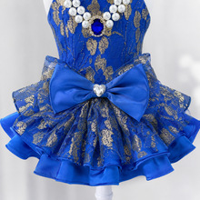 Load image into Gallery viewer, Royal Sapphire Luxury Dog Dress – Blue &amp; Gold Layered Princess Pet Dress with Pearl Jewel Detail