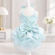 Load image into Gallery viewer, Handmade Mint Blue Princess Dog Dress with Lace Bow and Pearl Details