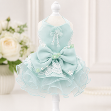 Load image into Gallery viewer, Handmade Mint Blue Princess Dog Dress with Lace Bow and Pearl Details