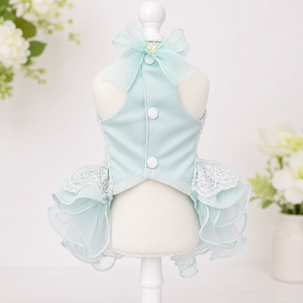 Handmade Mint Blue Princess Dog Dress with Lace Bow and Pearl Details