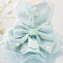 Load image into Gallery viewer, Handmade Mint Blue Princess Dog Dress with Lace Bow and Pearl Details