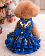 Load image into Gallery viewer, Royal Sapphire Luxury Dog Dress – Blue &amp; Gold Layered Princess Pet Dress with Pearl Jewel Detail