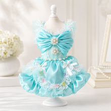 Load image into Gallery viewer, Handmade Aqua Blue Princess Dog Dress with Lace, Bow &amp; Pearl Details