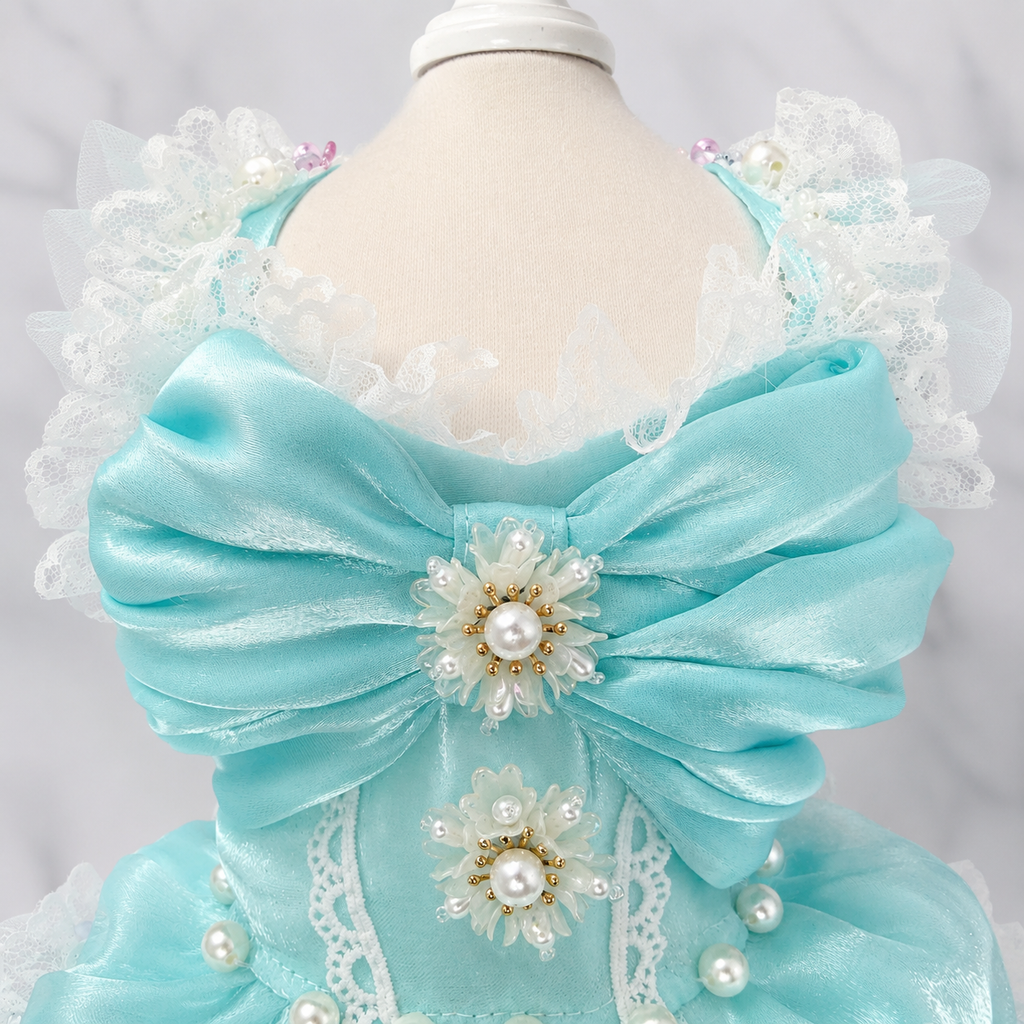 Handmade Aqua Blue Princess Dog Dress with Lace, Bow & Pearl Details