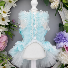 Load image into Gallery viewer, Handmade Aqua Blue Princess Dog Dress with Lace, Bow &amp; Pearl Details