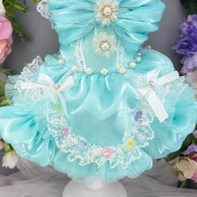 Load image into Gallery viewer, Handmade Aqua Blue Princess Dog Dress with Lace, Bow &amp; Pearl Details