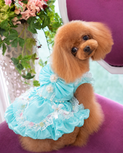 Load image into Gallery viewer, Handmade Aqua Blue Princess Dog Dress with Lace, Bow &amp; Pearl Details