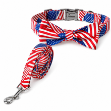 Load image into Gallery viewer, Patriotic USA Flag Dog Collar Set with Bow Tie &amp; Leash – Adjustable Red White Blue Pet Collar for Independence Day