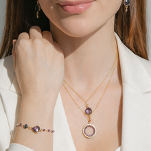 Load image into Gallery viewer, London Blue Quartz, Rainbow Gemstone and Amethyst Halo Mini Gold Pendants