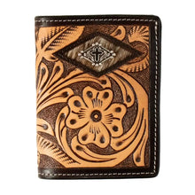 Load image into Gallery viewer, 3D Tooled Floral Diamond Cross Concho - Men's Tri-Fold Wallet