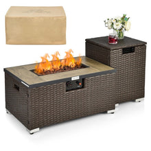 Load image into Gallery viewer, Outdoor Propane Fire Pit with Side Table Tank Holder in Brown PE Rattan