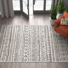 Load image into Gallery viewer, 5 ft. x 8 ft. Black Off-White Chevron Coastal Boho Style Indoor Outdoor Area Rug