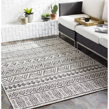 Load image into Gallery viewer, 5 ft. x 8 ft. Black Off-White Chevron Coastal Boho Style Indoor Outdoor Area Rug