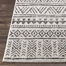 Load image into Gallery viewer, 5 ft. x 8 ft. Black Off-White Chevron Coastal Boho Style Indoor Outdoor Area Rug