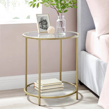 Load image into Gallery viewer, Modern Glass Top Round Metal End Table Nightstand with Bottom Shelf in Gold