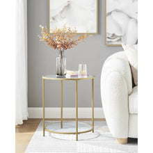 Load image into Gallery viewer, Modern Glass Top Round Metal End Table Nightstand with Bottom Shelf in Gold