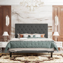 Load image into Gallery viewer, King Size Adjustable Height Grey Linen Tufted Low Profile Platform Bed