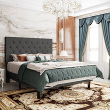 Load image into Gallery viewer, King Size Adjustable Height Grey Linen Tufted Low Profile Platform Bed
