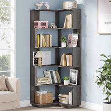 Load image into Gallery viewer, Multifunctional 6 Shelf Corner L-Shaped Bookcase in Dark Grey Wood Finish