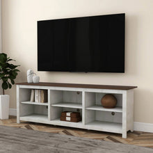 Load image into Gallery viewer, Farmhouse TV Stand in Grey Oak with Brown Wood Finish Top for TVs up to 70-inch