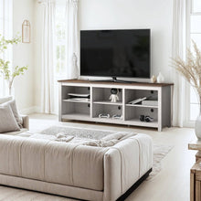 Load image into Gallery viewer, Farmhouse TV Stand in Grey Oak with Brown Wood Finish Top for TVs up to 70-inch