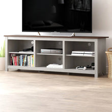 Load image into Gallery viewer, Farmhouse TV Stand in Grey Oak with Brown Wood Finish Top for TVs up to 70-inch