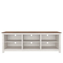 Load image into Gallery viewer, Farmhouse TV Stand in Grey Oak with Brown Wood Finish Top for TVs up to 70-inch