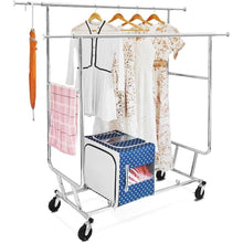 Load image into Gallery viewer, Heavy Duty Double Bar Clothes Hanging Garment Rack on Lockable Wheels