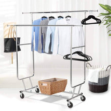 Load image into Gallery viewer, Heavy Duty Double Bar Clothes Hanging Garment Rack on Lockable Wheels