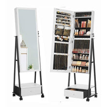Load image into Gallery viewer, Modern Black Metal White Wood Jewelry Armoire Cabinet Organizer Mirror on Wheels