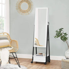 Load image into Gallery viewer, Modern Black Metal White Wood Jewelry Armoire Cabinet Organizer Mirror on Wheels