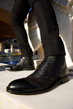 Load image into Gallery viewer, The Anderson Black Leather &amp; Suede Brogue Lace-Up Men  Boot with a Zipper