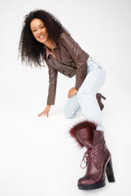 Load image into Gallery viewer, The Melo Burgundy Leather Natural Mid Calf Platform Heel Women Boot