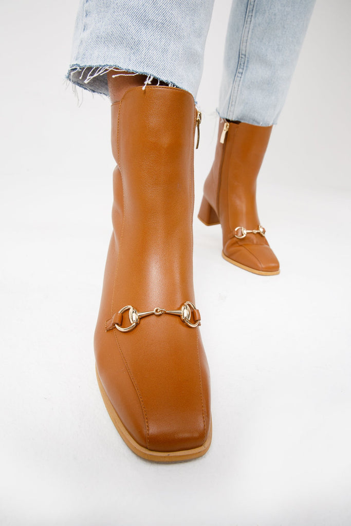 The Bukres Tan Leather Block Heel Mid Calf Women Boot