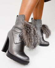 Load image into Gallery viewer, The Melo Gray Leather Natural Fur Mid Calf Platform Heel Women Boot