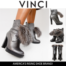 Load image into Gallery viewer, The Melo Gray Leather Natural Fur Mid Calf Platform Heel Women Boot