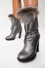 Load image into Gallery viewer, The Melo Gray Leather Natural Fur Mid Calf Platform Heel Women Boot