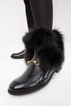Load image into Gallery viewer, The Izmir Black Patent Leather Natural Fur Mid Calf Women  Boot