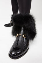 Load image into Gallery viewer, The Izmir Black Patent Leather Natural Fur Mid Calf Women  Boot