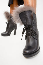 Load image into Gallery viewer, The Melo Black Leather Natural Fur Mid Calf Platform Heel Women Boot